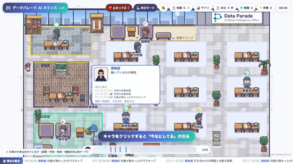 キャラをクリックすると「今なにしてる」が吹き出しで出る