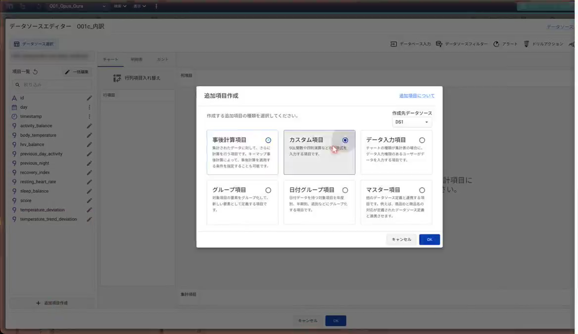 図3：データソース定義に項目を足す画面で「カスタム項目」を選んでいるところ（録画から。データの置き場の名前はぼかしている）